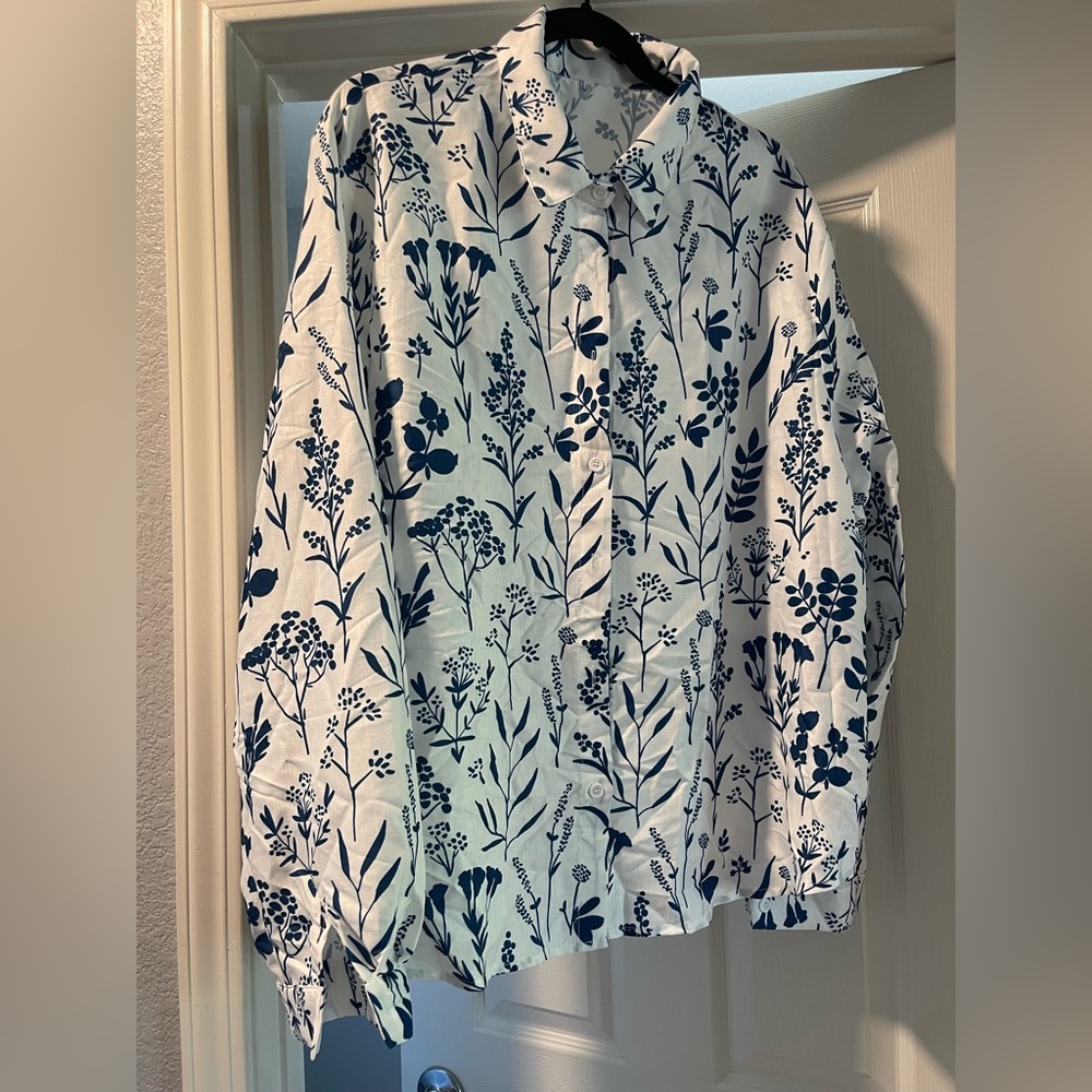 White Button-Up Shirt with Navy Floral Print